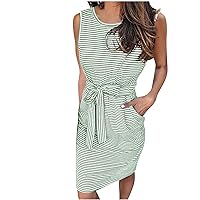 Women Bowtie Belted Trendy Stripes Pencil Dresses Sleeveless Crewneck Dressy Casual Summer Pockets Sheath Dress