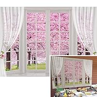 8x6ft Mother's Day Cherry Blossoms Window Backdrop Pink Cherry Flower backdrops Photoshoot Spring Garden Baby Shower Party Background Girls Kids Women Birthday, 8x6FT(width 240cm x Height 180cm)