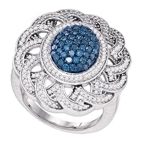 The Diamond Deal 10kt White Gold Womens Round Blue Color Enhanced Diamond Cluster Antique-style Ring 1.00 Cttw