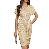 GRACE KARIN 2024 Women's V Neck Ruched Sequin Dress Short Sleeve Tie Midi Cocktail Party Bodycon Dresses