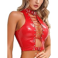 CHICTRY Womens Fashion Eyelet Lace-Up Vest Gothic Wet Look Patent Leather Sleeveless Crop Top Clubwear
