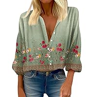 3/4 Length Sleeve Womens Tops,Women's 3/4 Sleeve Shirt Blouse Print Button Casual Vintage Fashion Round Neck Tops