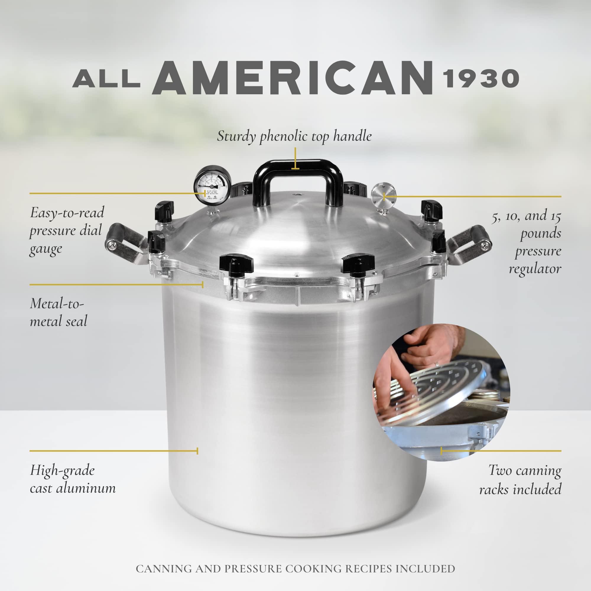 All American 1930: 41.5qt Pressure Cooker/Canner (The 941) - Exclusive Metal-to-Metal Sealing System - Easy to Open & Close - Suitable for Gas or Electric Stoves - Made in the USA
