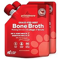 Primalvore Grass-Fed Beef Bone Broth for Dogs &Cats, Mobility Formula w/Collagen Peptides to Help Support Hip & Joints, Digestion, Skin & Coat and Hydration, Human Grade, Made in USA. Beef 2 Pack