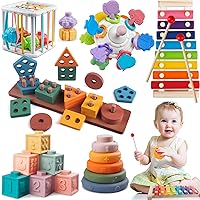 6 in 1 Montessori Baby Toys for 1 + Year Old, Infant Sensory Teething Toys for Babies 6-12 Months, Wooden Stacking Building Blocks Shape Sorter, Xylophone Musical Toy, Birthday Gift for Toddlers 1 2 3