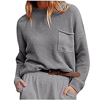 Women Two Piece Outfits Fall Knit Sweater Casual Sets Long Sleeve Crewneck Top and Loose Pants Lounge Pockets Set
