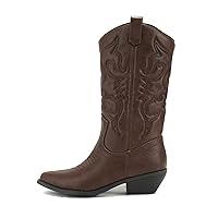 Soda Women's Red Reno Western Cowboy Pointed Toe Knee High Pull On Tabs Boots (5.5, DARK TAN PU, numeric_5_point_5)