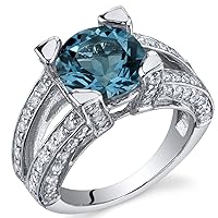 PEORA London Blue Topaz Ring in Sterling Silver, Natural Gemstone, Vintage Antique Design, Round Shape, 9mm, 3.25 Carats total, Comfort Fit, Sizes 5 to 9