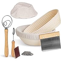 PITCH PULSE Bread Proofing Basket Set, 9 Inch Round + 10 Inch Oval Banneton Bowl, Sourdough Bread Making Tools Kit with Dough Whisk, Dough Scraper, Bread Lame and Blades