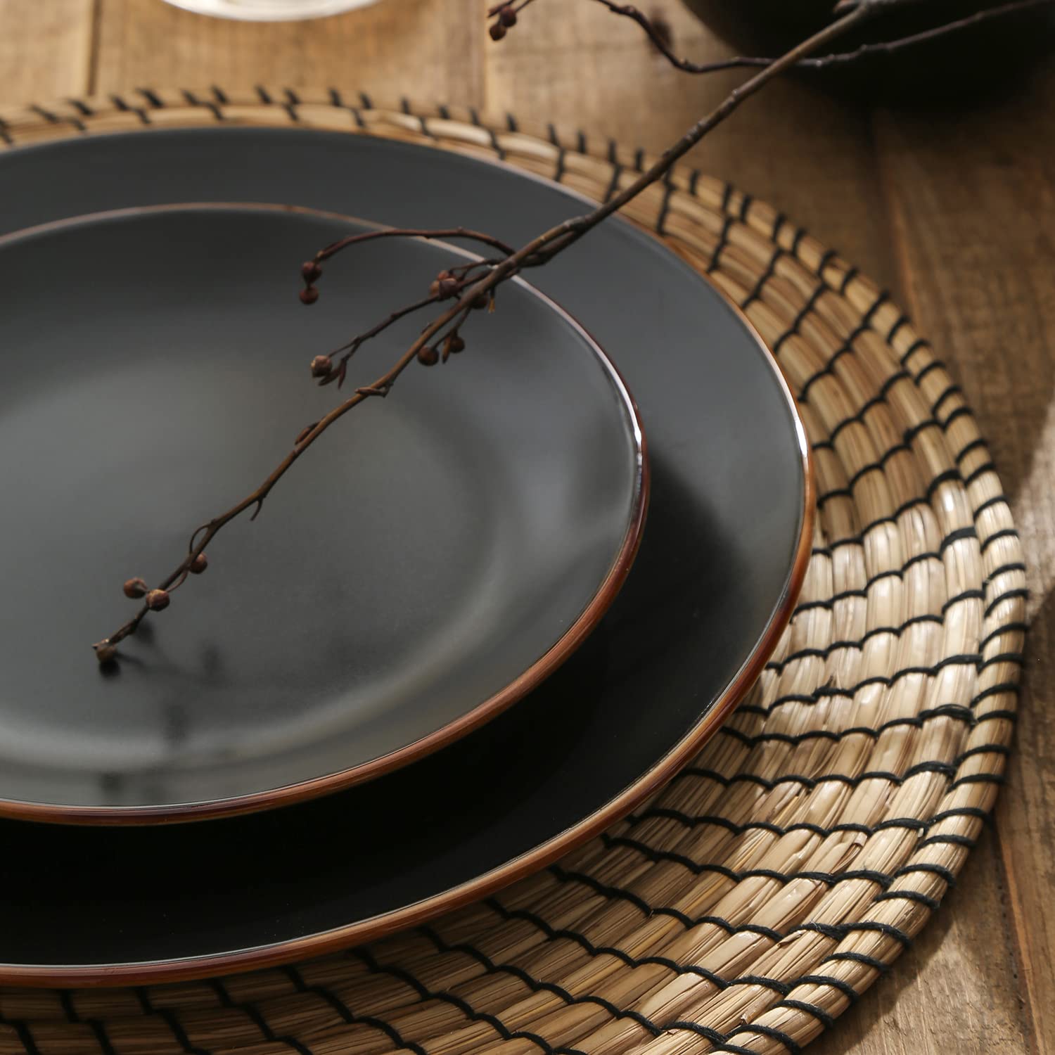 Stone + Lain Brasa Stoneware 16-Piece Round Dinnerware Set with Pasta Bowls, Black