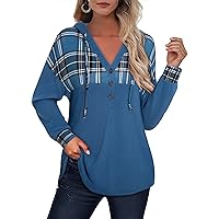 Unixseque Women's Long Sleeve Hooded Tunic Tops V Neck Button Pullover Hoodie Sweatshirts