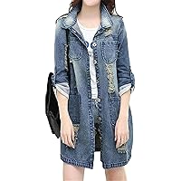 Women Plus Size Mid Length Loose Fit Roll-Up-Sleeve Ripped Distressed Denim Jacket Trench Coat