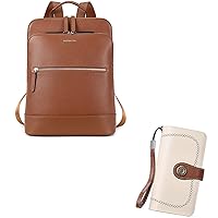 BOSTANTEN Laptop Backpack Purse for Women Genuine Leather Backpack Travel Bag and Womens Wallet Genuine Leather Large Capacity Wristlet Clutch Purse Credit Card Holder with RFID Blocking Beige-Brown
