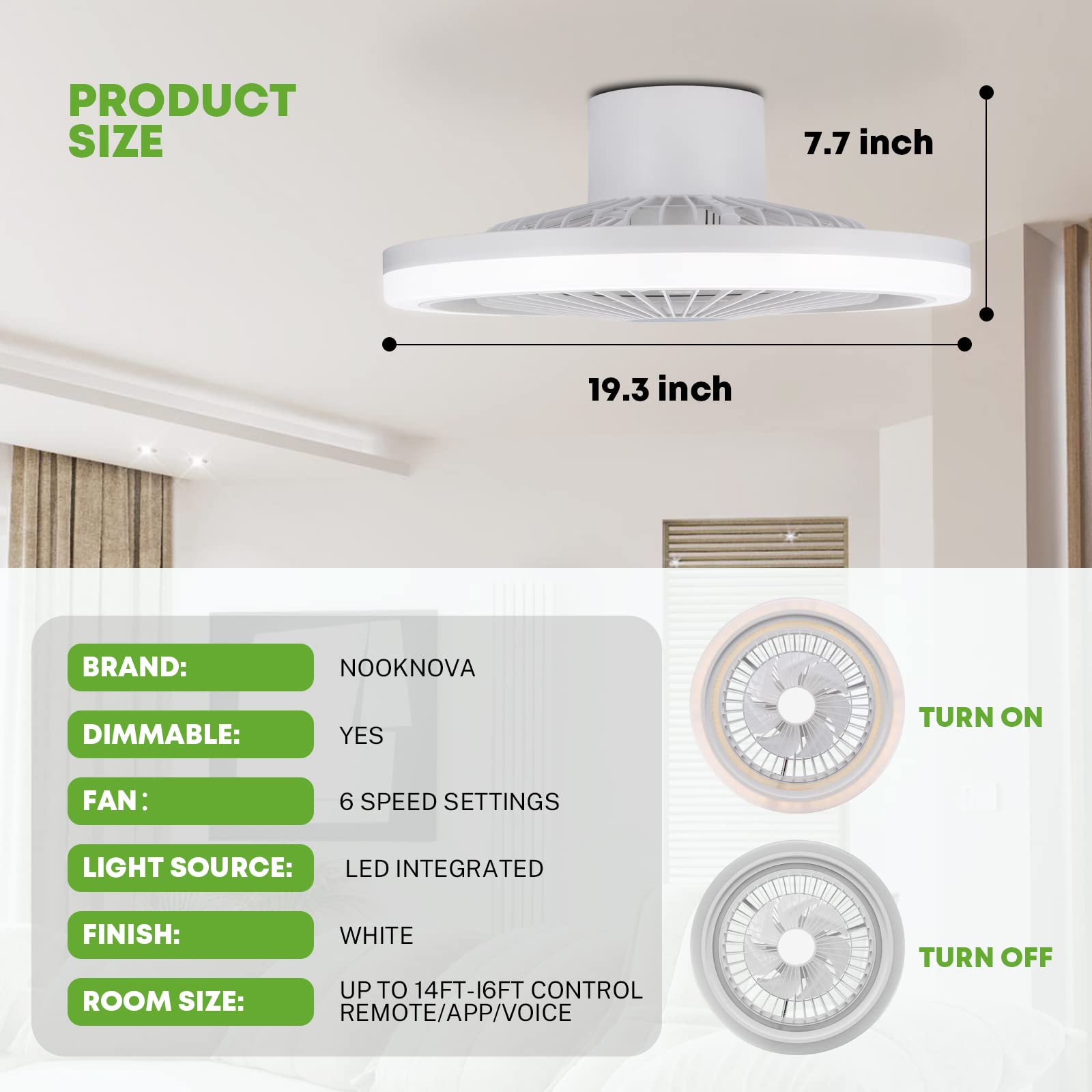 NookNova Low Profile Smart LED Flush Mount Ceiling Fan with Lights, 20'' White Small Enclosed Bladeless Ceiling Fan with Alexa/Google Assistant/App/Remote Control for Bedroom, Living Room, Kitchen