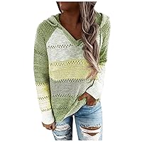 Women's Lightweight Color Block Hooded Sweaters Drawstring Striped Hoodies V Neck Knit Sweater Pullover Sweatshirts