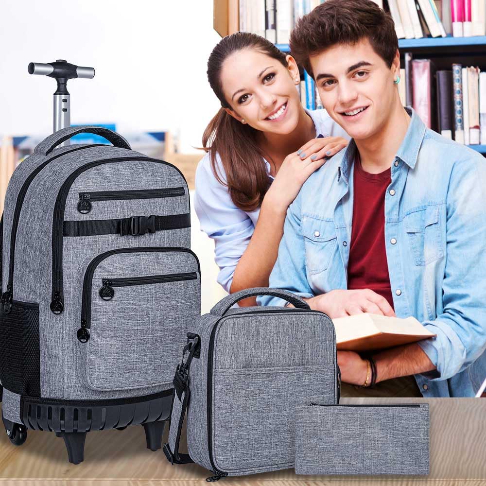 3PCS Rolling Backpack for Men, 19 Inches Travel Roller Bookbag with Wheels, Teen Boys College Backpacks Wheeled - Grey