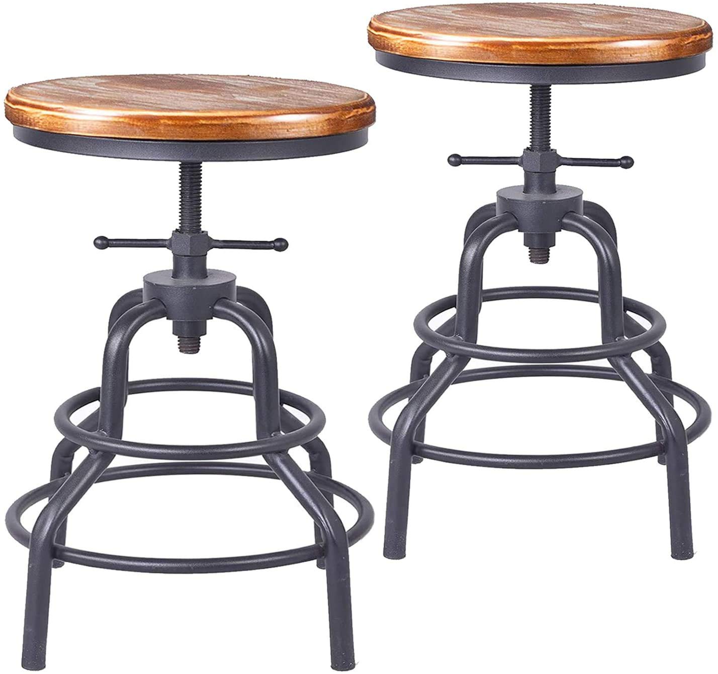 Diwhy Industrial Vintage Bar Stool,Kitchen Counter Height Adjustable Screw Stool,Swivel Bar Stool,Metal Wood Stool,27 Inch,Fully Welded Set of 2 (W...