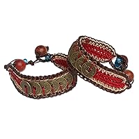 NOVICA Artisan Handmade Beaded Wristband Bracelets Good Fortune Brass Wood Glass Red Thailand 'Coins of Passion'(Pair)