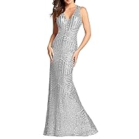 Womens 2018 Sequin Mermaid Long Evening Dress Empire Waist V Neck Prom Gown