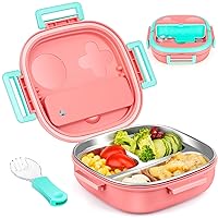 Stainless Steel Kid Bento Box,4-Sided Lock Catch,Leak-Proof,3-Compartment,Lunch Box With Portable Cutlery-Ideal Portion Sizes (500ML) for Kids/Toddler-BPA-Free,Dishwasher Safe(Coral Pink)
