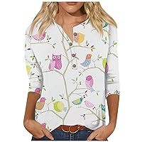 Womens 3/4 Length Sleeve Tops, Fashion Cute Shirts Button Crew Neck Print Blouses Plus Size Basic Casual Tees
