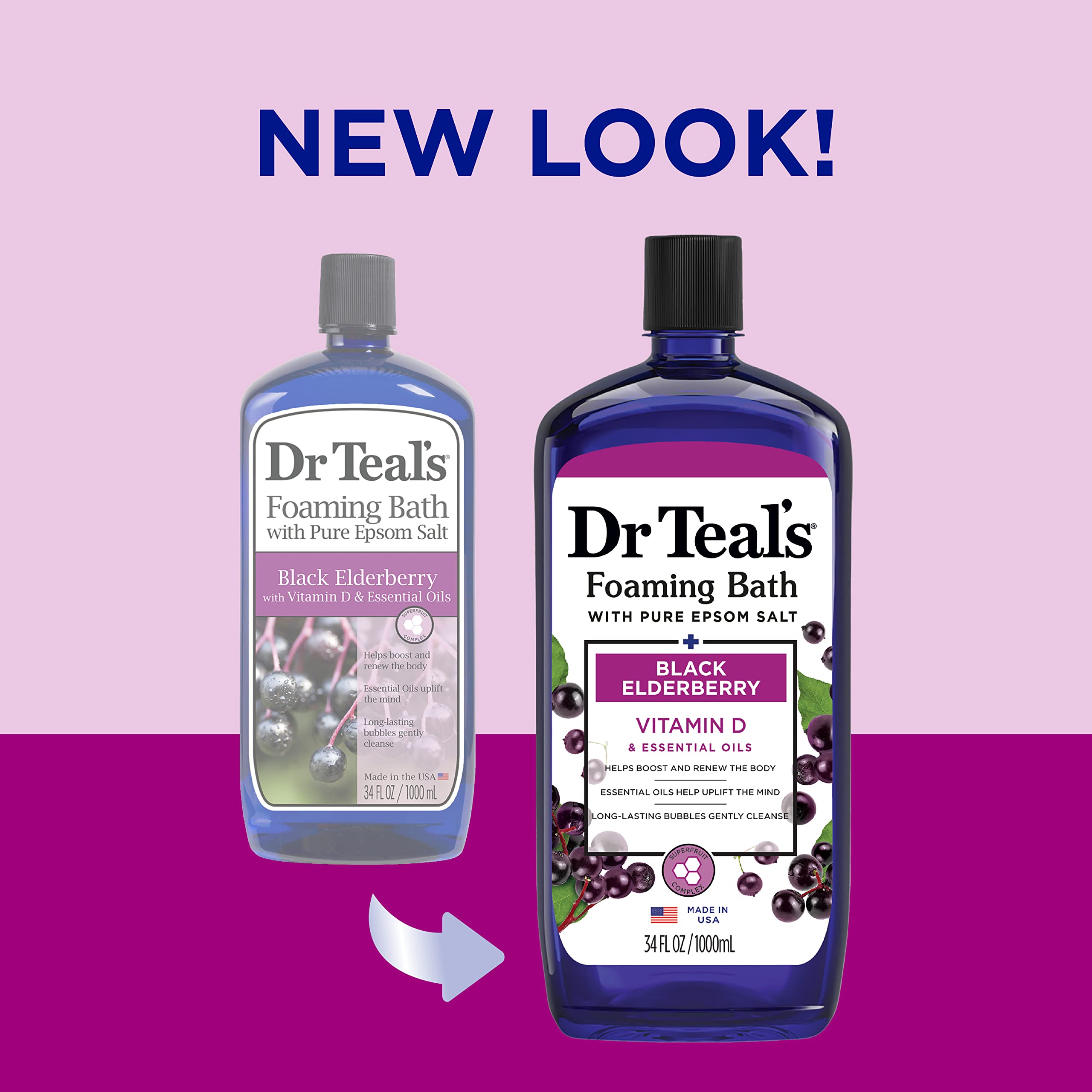 Dr Teal's Foaming Bath with Pure Epsom Salt, Black Elderberry with Vitamin D, 34 fl oz (Pack of 4) (Packaging May Vary)