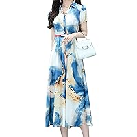 Women's Summer Floral Print Short Sleeves V Neckline Blue Midi Shirt Dress with Belt