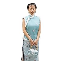 One Piece Only Embroidered Fashionable Cheongsam Qipao Top Blouse for Women Sleevless in Green Made from Silk all Handmade 102