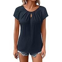 Women's Summer Tops 2024, Casual Pullover Hollow Lace Splicing Short Sleeved T Shirt Top, S XL
