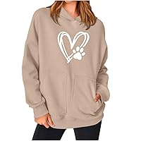 Womens Cute Dog Paw Love Hoodies Casual Oversized Lightweight Hooded Sweatshirt Long Sleeve Double-Pockets Pullover