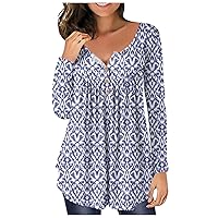 Workout Tops for Women Long Sleeve Floral Printed Blouses Button Down V Neck Flowy Pleated Casual Tunics T Shirt