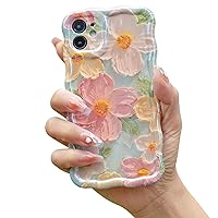 Cute Case for iPhone 11, Colorful Retro Oil Painting Printed Flowers Case, Fashion TPU Floral Laser Beam Glossy Pattern Curly Waves Frame Shockproof Protective Case Cover for Girls Women