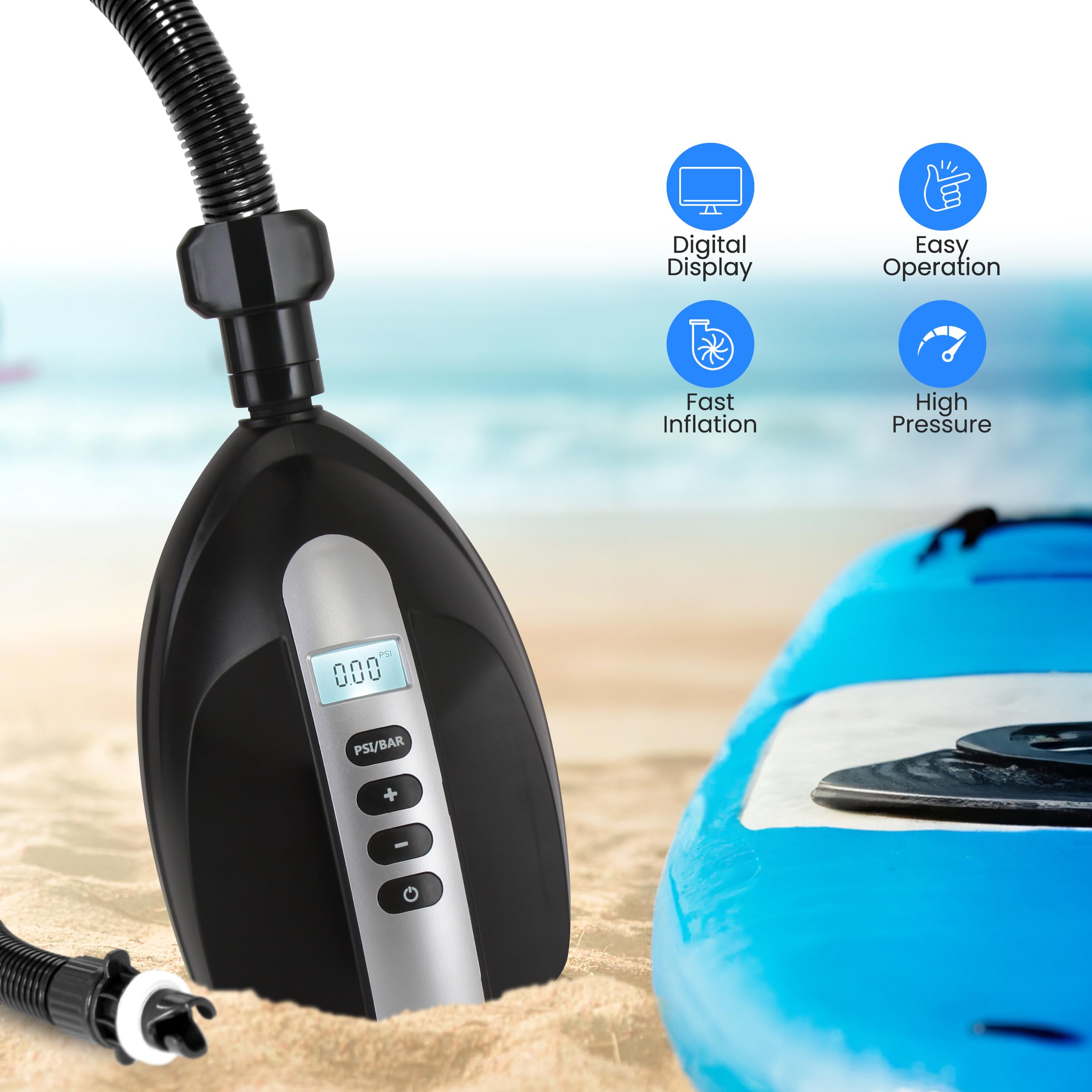 Serene Life Digital Electric Air Pump Compressor - 110W 12 Volt Quick Air Inflator w/LCD, 0-16 Adjustable PSI - For Water Sport Inflatable SUP Stand Up Paddle Board - SereneLife SLPUMP20