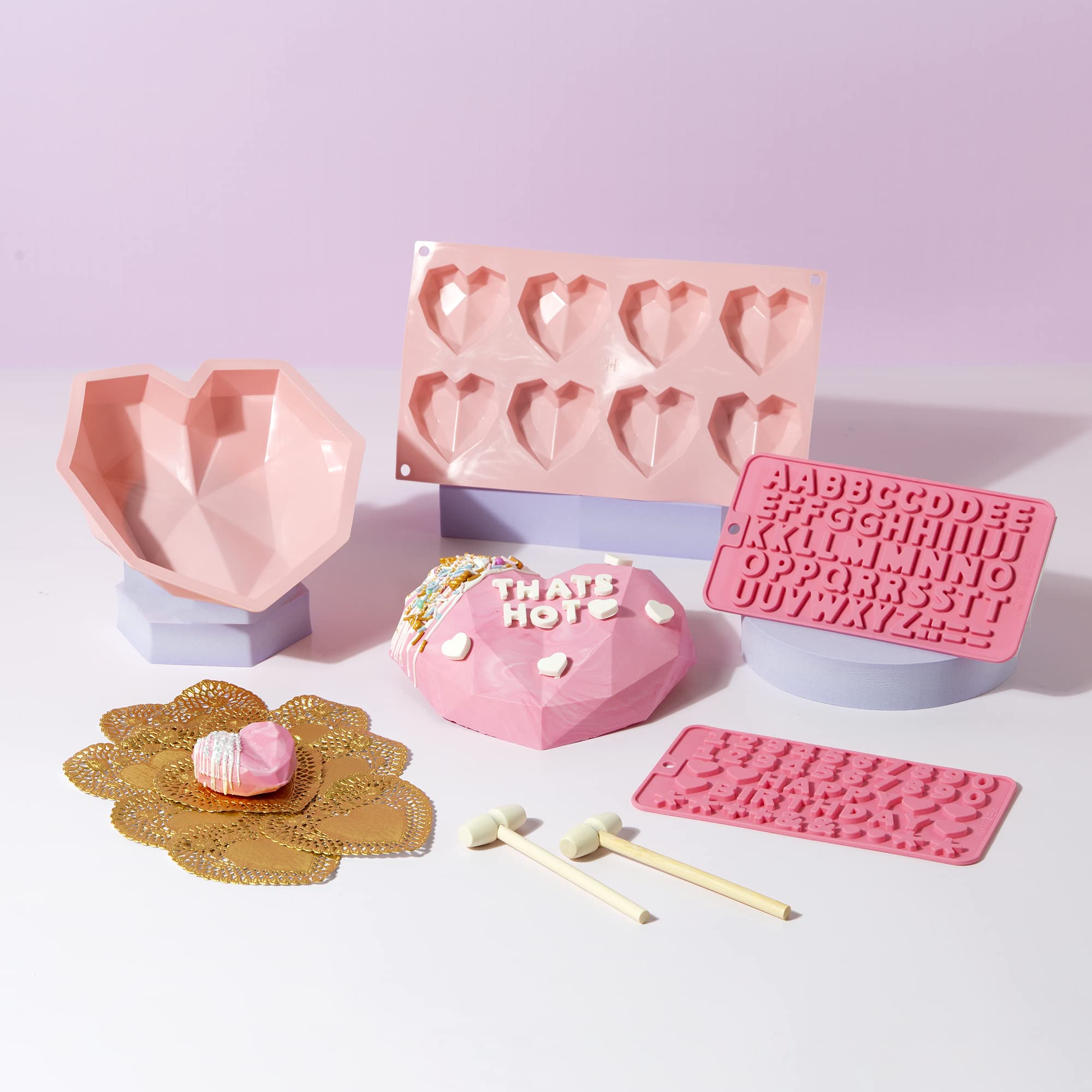 Paris Hilton Breakable Chocolate Heart Kit, Includes Big and Small Heart Shaped Molds, Number, Character and Letter Molds, Mini Wooden Hammers, Candy Making Set, Pink