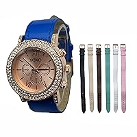 Accutime XOXO Women’s Analog Watch, with 7 Interchangeable Faux Leather Strap with Silver dial Set for Adult - Blue, Black, Brown, White, Pink, Teal and Navy (Model: XO9150AZ)