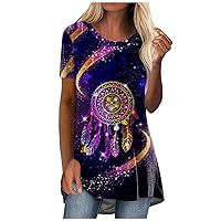 Tops Tunics for Women to Wear with Leggings Western Tribal Ethnic Feathers T-Shirt Dream Catcher Feathers Blouse