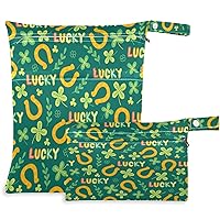 Lucky Horseshoe Green Clover 2Pcs Wet Bag with Zippered Pockets Washable Reusable Roomy for Travel,Beach,Pool,Daycare,Stroller,Diapers,Dirty Gym Clothes, Wet Swimsuits, Toiletries