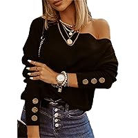 Women's Off Shoulder T Shirt Button Decoration Long Sleeve Tunics Blouse Casual Loose Tops