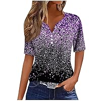 Sequin Tops for Women Short Sleeve V Neck Tunics Summer Casual T Shirt Fashion Glitter Print Button Blouses Basic Pullover