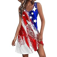 4 July Outfit for Woman 4th of July Dress Women 2024 American Print Vintage Fashion Casual with Sleeveless Round Neck Sundresses Red XX-Large