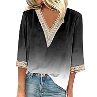 Floral Tops Summer Tops for Women 2024 Gradient Color Fashion Casual Lace Splice Loose with 3/4 Sleeve V Neck Shirts Black X-Large
