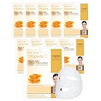 DERMAL Royal Jelly Collagen Essence Korean Facial Mask Sheet Pack of 10 - Intensive Moisture Therapy for Stress-Relief and Skin Elasticity - Hypoallergenic Skin Friendly Sheet