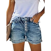 onlypuff Women's Ripped Mid Waisted Denim Shorts with Pockets
