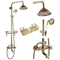 gotonovo Antique Brass Double Cross Handles With Handheld Sprayer Shower Shower System Exposed Shower Faucet with Shower Shelf 8 inch Rainfall Shower Head Wall Mounted 3 Functions with Tub Spout