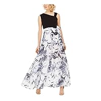 R&M Richards Womens Black Belted Zippered Floral Sleeveless Asymmetrical Neckline Maxi Evening Fit + Flare Dress Petites 4P