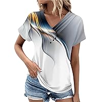 Women Tops Trendy Vintage Tops for Women Summer Print Casual Fashion Button Patchwork with Short Sleeve V Neck Ruched Blouses Blue X-Large