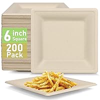 Square Paper Plates 6 inch, Small Dessert Plates Disposable, Eco friendly Compostable Paper Plates, Sugarcane Biodegradable Plates, Paper Plates Bulk 200 Pack, Cake Plates