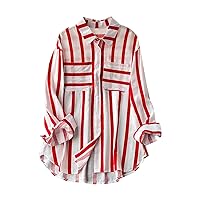 Women's Striped Tops Full Length Sleeve V-Neck Shirt Harajuku Style Tunic Fashion Button Down Blouse for Autumn