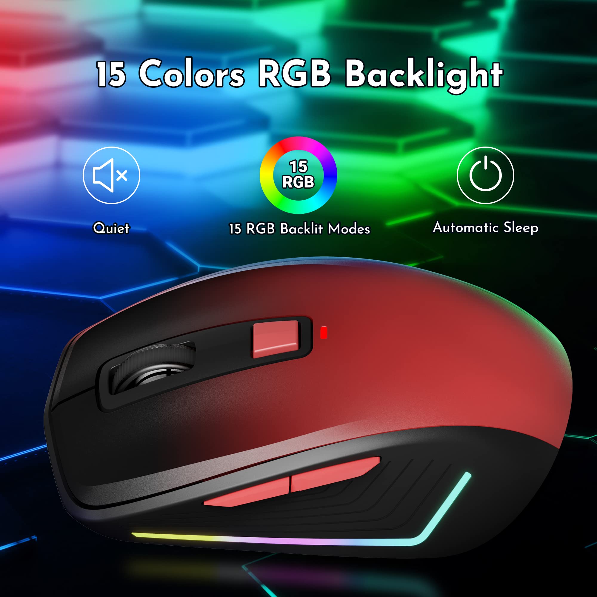 FENISIO Wireless Mouse,RGB Wireless Mouse for Laptop,1600 DPI Optical Sensor,3 Adjustable Levels,Ergonomic Mouse Rechargeable 2.4GHz Computer Mouse with USB Receiver Gaming Accessories - Red