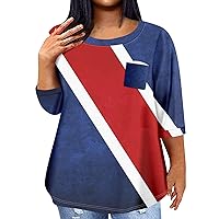 Women 4Th of July Shirt, Plus Size Shirts for Women V Neck T Shirts for Women Women's Casual Independence Day Printing Blouse 3/4 Sleeve Shirt Fashion Round Neck Summer Plus Size (Deep Red,5X-Large)